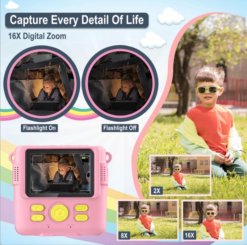 FUNKAM Instant Print Camera for Kids - 2.4" HD 1080P - with 32GB SD Card, 5 Markers, Stickers, 5 Paper Rolls, Lanyard. Camera Boys and Girls from 3 to 14 Years Old. (Pink) - Image 3
